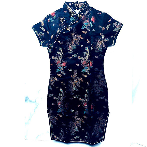 Vintage Dress Cheongsam Cocktail Black Brocade dragon gold motif sheath Lux LBD - Picture 13 of 16